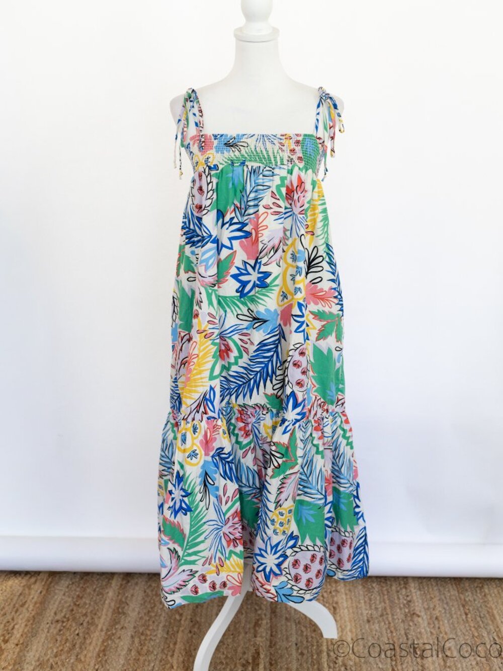 Karlie Smocked Tiered Maxi M Dress Floral w/Pockets 100% Cotton Coastal Derby